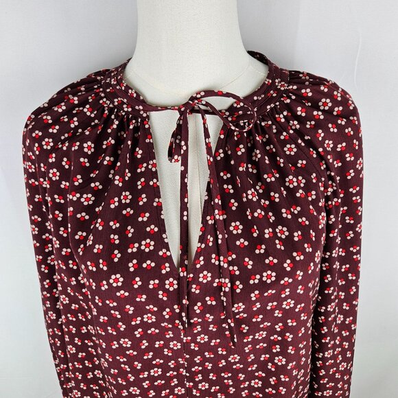 Boden Polly Peasant Blouse Size 8 Burgundy Floral Boho Tie - Picture 2 of 10